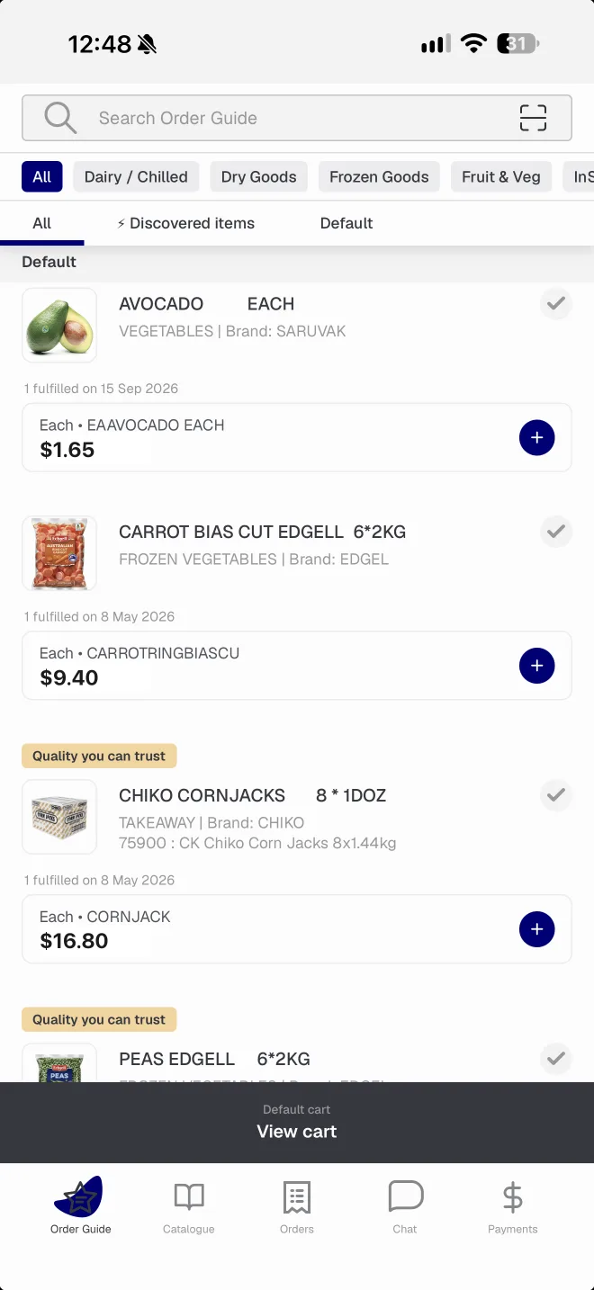 Live stock, live pricing — Southern Foodservice app screen