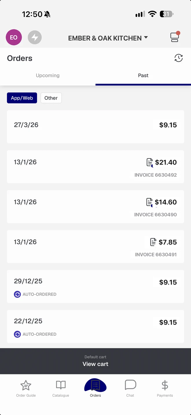 Delivery & invoices — Southern Foodservice app screen