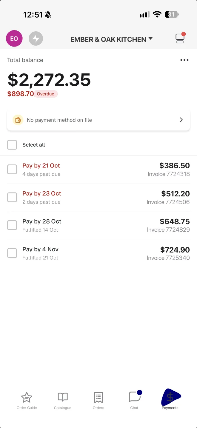 Payments — Southern Foodservice app screen