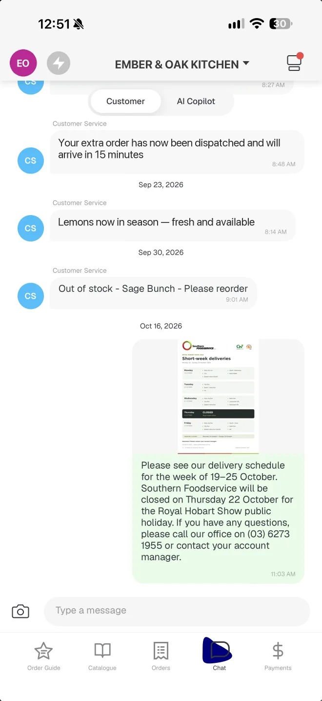 Chat & live help — Southern Foodservice app screen